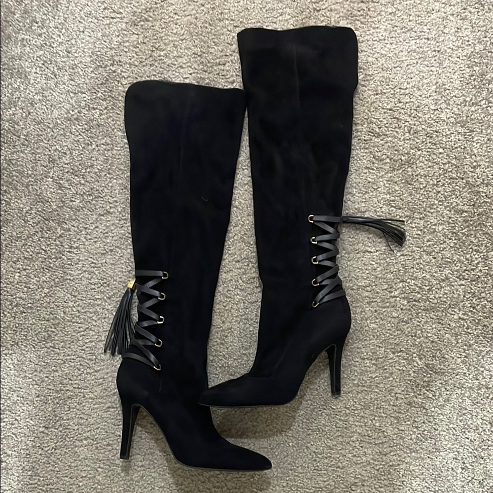 BCBG Black Over the Knee Boots with Lace-Up Tassel